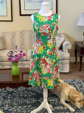 Talbots Green Floral Sleeveless Fit-and-Flare Midi Dress